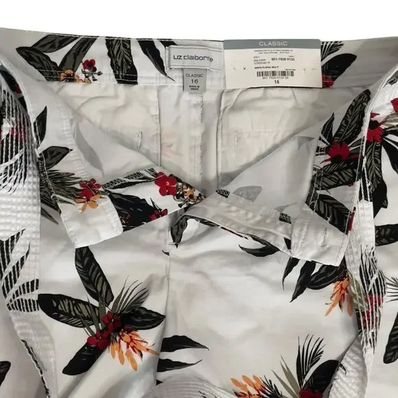 Liz Claiborne Tropical Print Shorts White Classic Belted Plus Size 16 Summer NWT - Picture 5 of 6